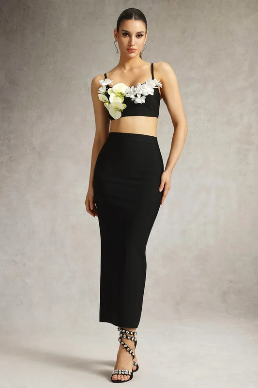 Honey Floral Appliqué Two-Piece Midi Set