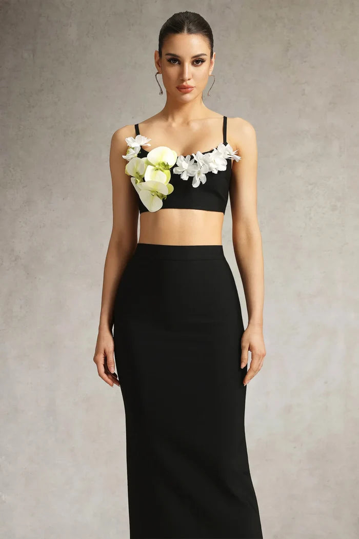 Honey Floral Appliqué Two-Piece Midi Set