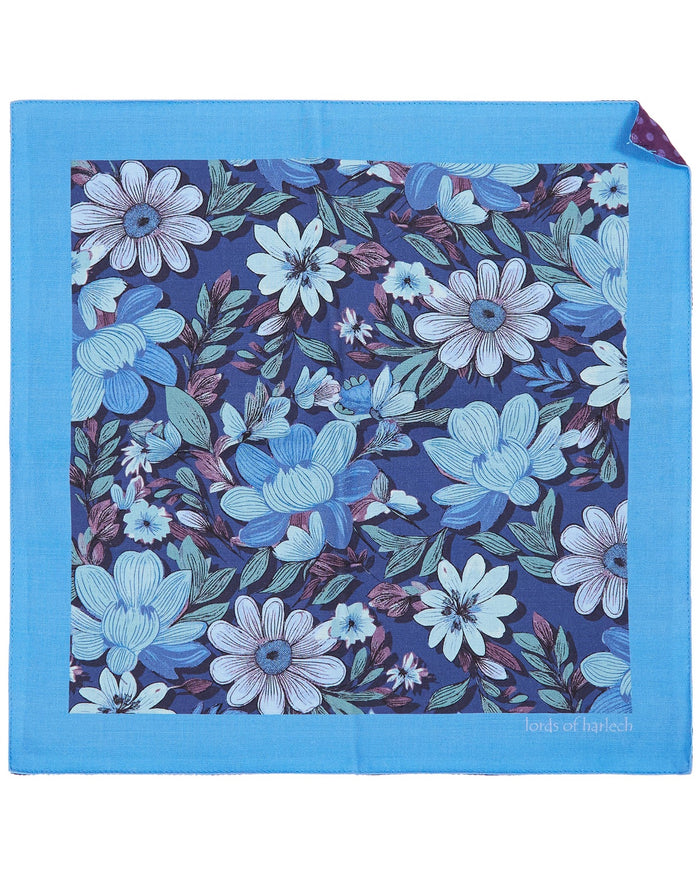 HUDSON CATALAN FLORAL MERINO HANDKERCHIEF POCKET SQUARE - NAVY