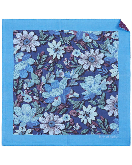 HUDSON CATALAN FLORAL MERINO HANDKERCHIEF POCKET SQUARE - NAVY