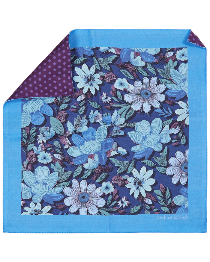 HUDSON CATALAN FLORAL MERINO HANDKERCHIEF POCKET SQUARE - NAVY