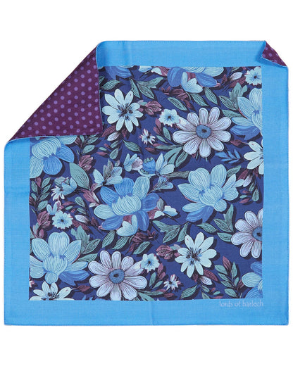 HUDSON CATALAN FLORAL MERINO HANDKERCHIEF POCKET SQUARE - NAVY