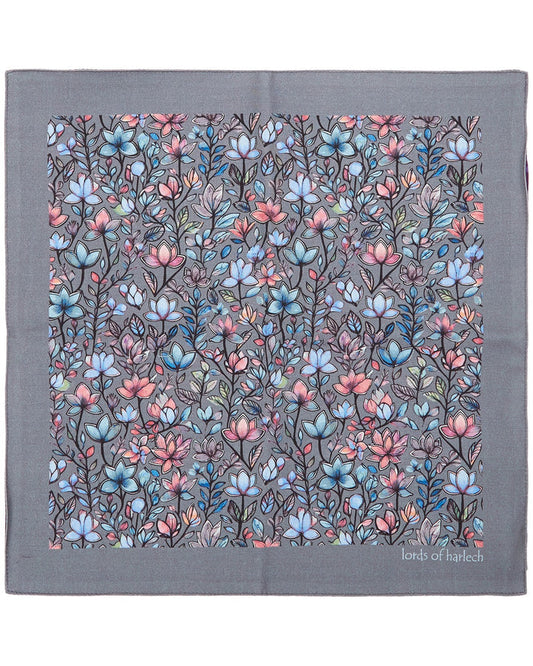 HUDSON MYSTIC FLORAL MERINO HANDKERCHIEF POCKET SQUARE - GREY