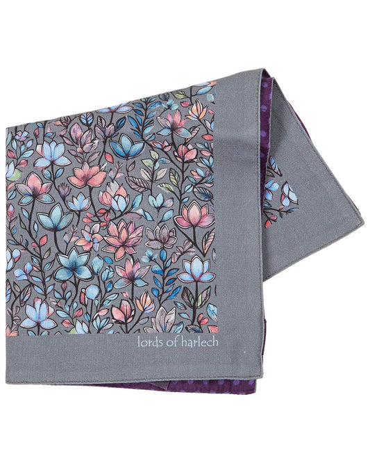 HUDSON MYSTIC FLORAL MERINO HANDKERCHIEF POCKET SQUARE - GREY