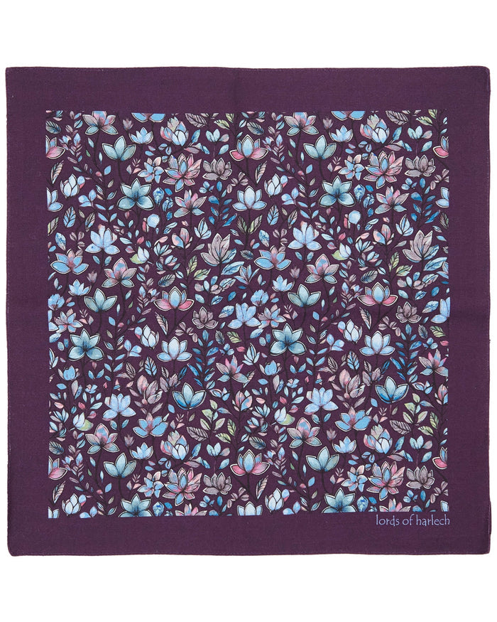 HUDSON MYSTIC FLORAL MERINO HANDKERCHIEF POCKET SQUARE - PLUM