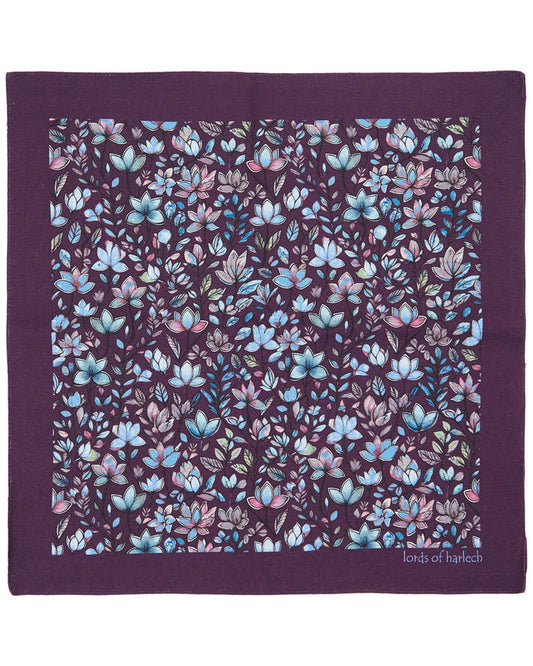 HUDSON MYSTIC FLORAL MERINO HANDKERCHIEF POCKET SQUARE - PLUM