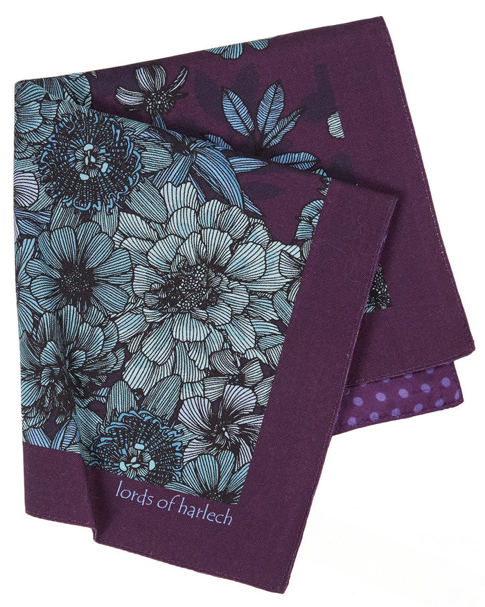 HUDSON VALENCIA FLORAL MERINO HANDKERCHIEF POCKET SQUARE - PLUM