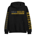Black Shai Hulud Heavy Blend pullover hoodie with yellow and gray text: SHAI HULUD and HUMANE HARDCORE on the chest, REIGNITE down the right sleeve, and repeating PRETEND TO PREACH designs on the left sleeve.