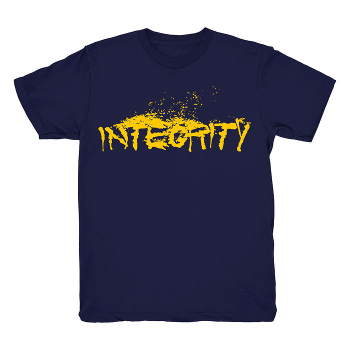 Navy blue Integrity Heavy Cotton T-Shirt featuring INTEGRITY in bold, yellow, paint-splatter style letters across the chest. Ideal for fans of standout printed tees. Brand: Integrity.