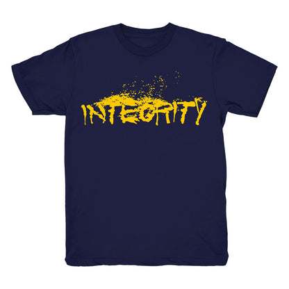 Navy blue Integrity Heavy Cotton T-Shirt featuring INTEGRITY in bold, yellow, paint-splatter style letters across the chest. Ideal for fans of standout printed tees. Brand: Integrity.