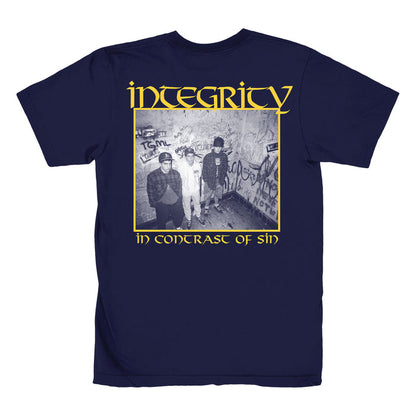 Navy blue Integrity Heavy Cotton T-Shirt with a black-and-white photo of three people on a graffiti stairwell, INTEGRITY above and IN CONTRAST OF SIN below in yellow—a unique piece for your printed tees collection.