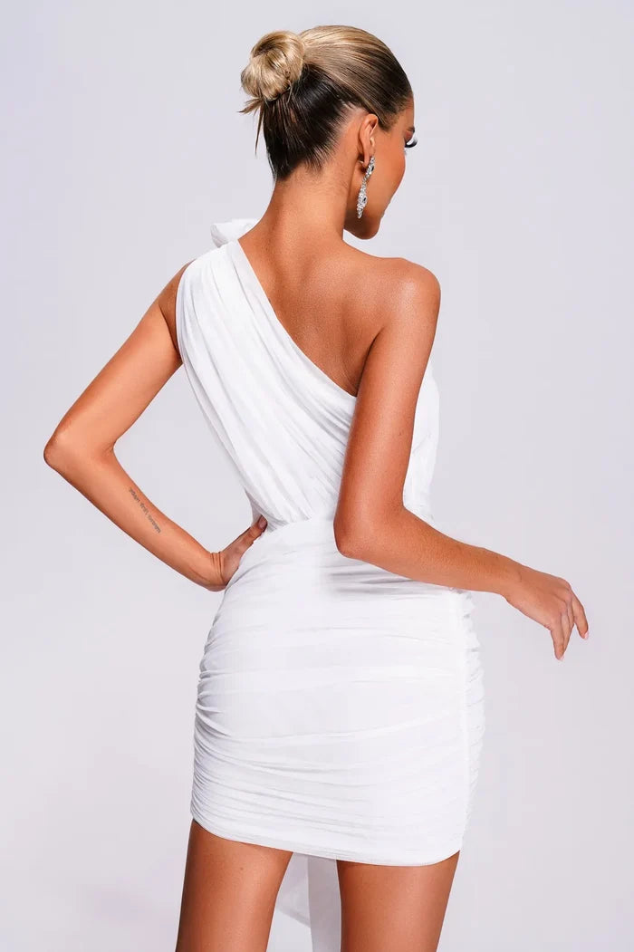 Ivory One-Shoulder Draped Mini Dress