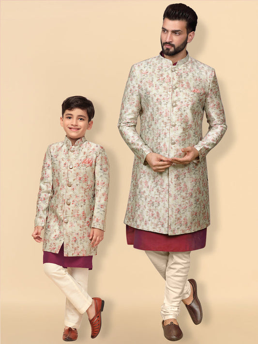 Ivory Silk Blend Indo-Western Sherwani Jacket with Floral Jacquard Design â€“ Wedding & Reception Outfit