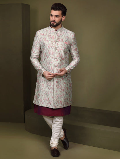 Ivory Silk Blend Indo-Western Sherwani Jacket with Floral Jacquard Design â€“ Wedding & Reception Outfit