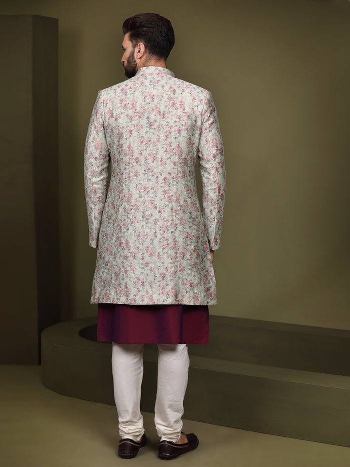 Ivory Silk Blend Indo-Western Sherwani Jacket with Floral Jacquard Design â€“ Wedding & Reception Outfit