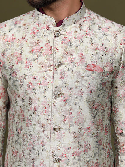 Ivory Silk Blend Indo-Western Sherwani Jacket with Floral Jacquard Design â€“ Wedding & Reception Outfit