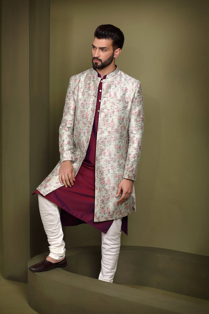 Ivory Silk Blend Indo-Western Sherwani Jacket with Floral Jacquard Design â€“ Wedding & Reception Outfit