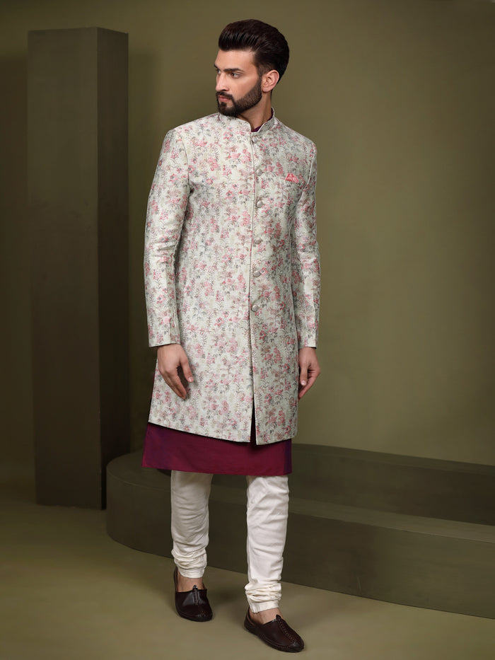 Ivory Silk Blend Kurta Indo-Western Sherwani Set with Floral Jacquard Design for Wedding & Reception Outfit