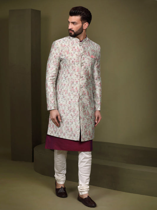 Ivory Silk Blend Kurta Indo-Western Sherwani Set with Floral Jacquard Design for Wedding & Reception Outfit