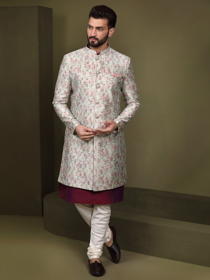 Ivory Silk Blend Kurta Indo-Western Sherwani Set with Floral Jacquard Design for Wedding & Reception Outfit