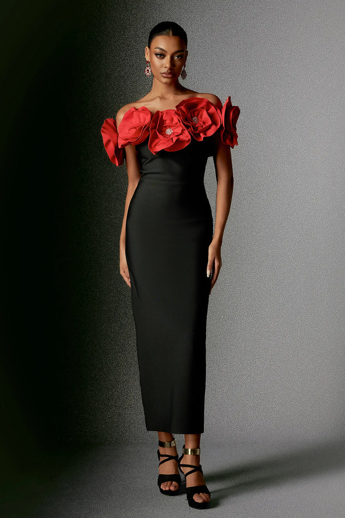 Jade Contrast 3D Floral Bandage Dress
