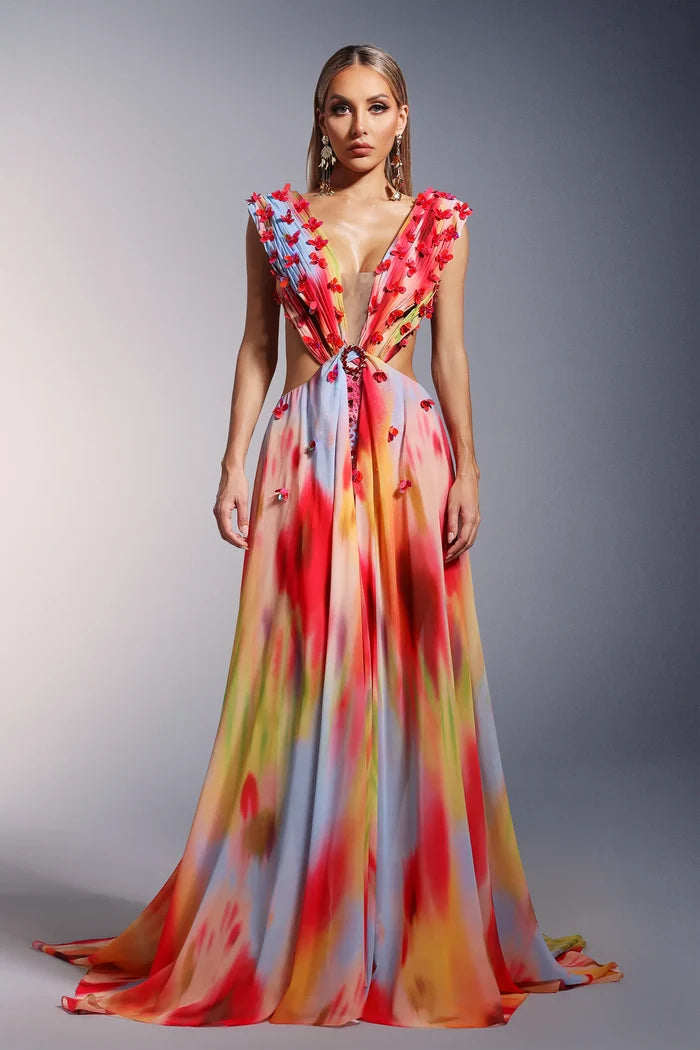 Jaelyn Open-Back Floral Tie-Dye Maxi Gown