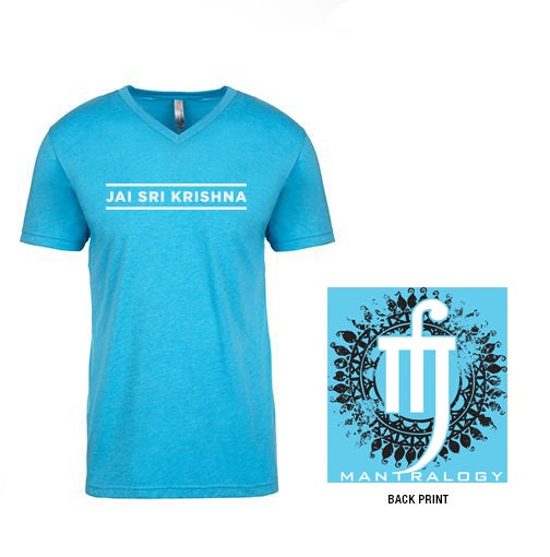 A light blue V-neck T-shirt by Mantralogy with JAI SRI KRISHNA in white on the front. The back has a circular mandala-style design, a stylized symbol, and MANTRALOGY below it.