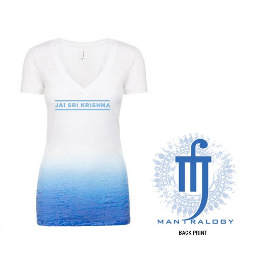 White V-neck T-shirt by Mantralogy featuring a blue gradient at the bottom, JAI SRI KRISHNA in blue on the chest, and a circular blue Mantralogy logo with stylized script and decorative elements.