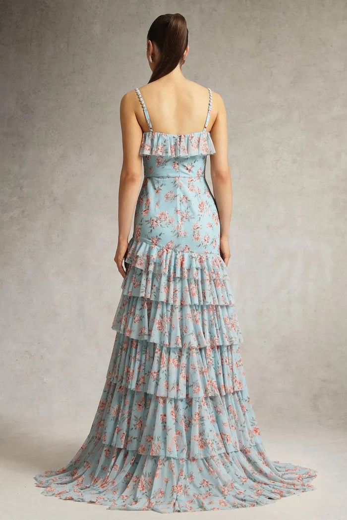 Jolie Azure Bloom High-Low Ruffle Gown