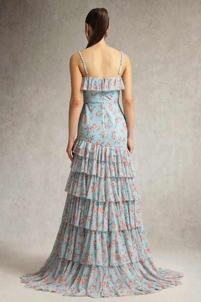 Jolie Azure Bloom High-Low Ruffle Gown