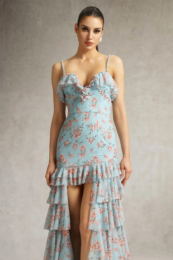 Jolie Azure Bloom High-Low Ruffle Gown