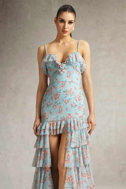 Jolie Azure Bloom High-Low Ruffle Gown