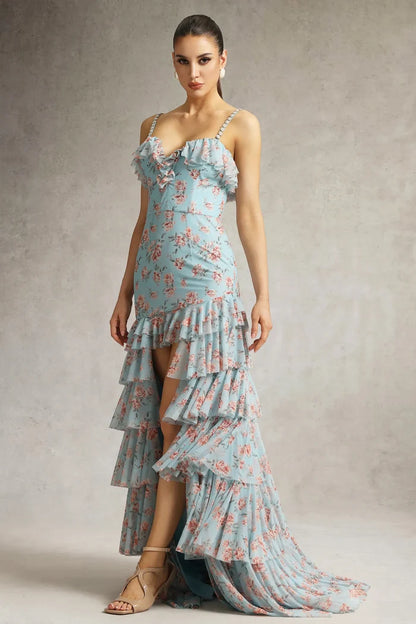 Jolie Azure Bloom High-Low Ruffle Gown