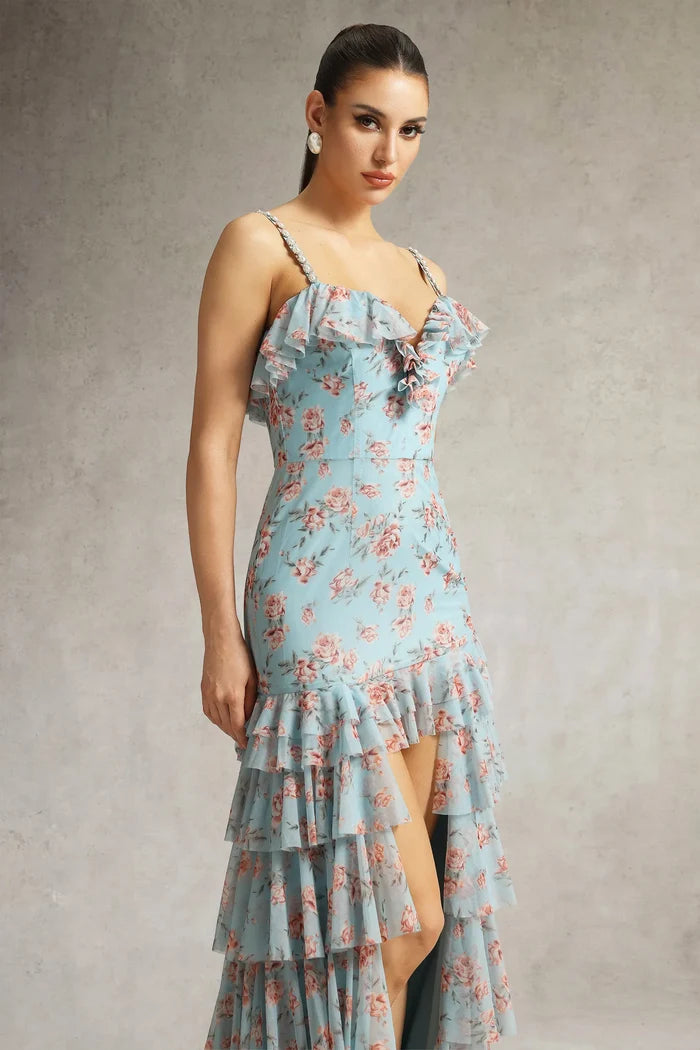 Jolie Azure Bloom High-Low Ruffle Gown