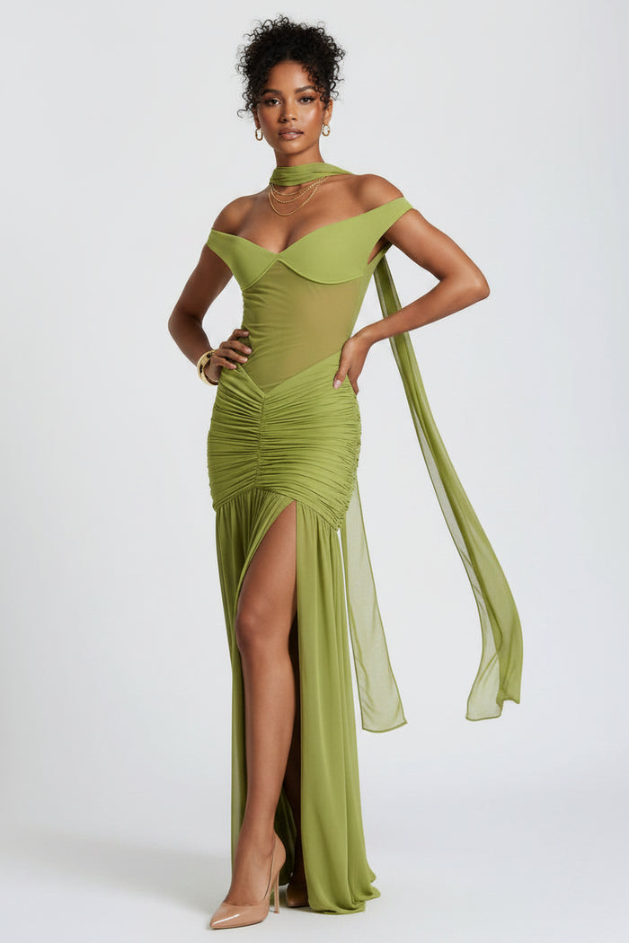 Julia Ruched Mesh Halter Maxi Dress