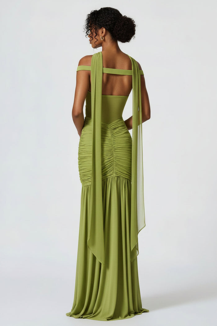 Julia Ruched Mesh Halter Maxi Dress