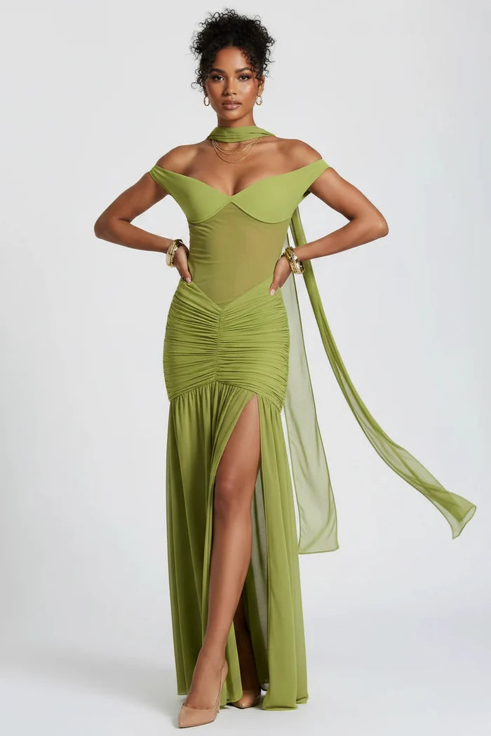 Julia Ruched Mesh Halter Maxi Dress