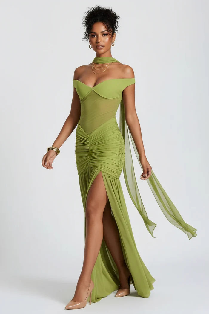 Julia Ruched Mesh Halter Maxi Dress