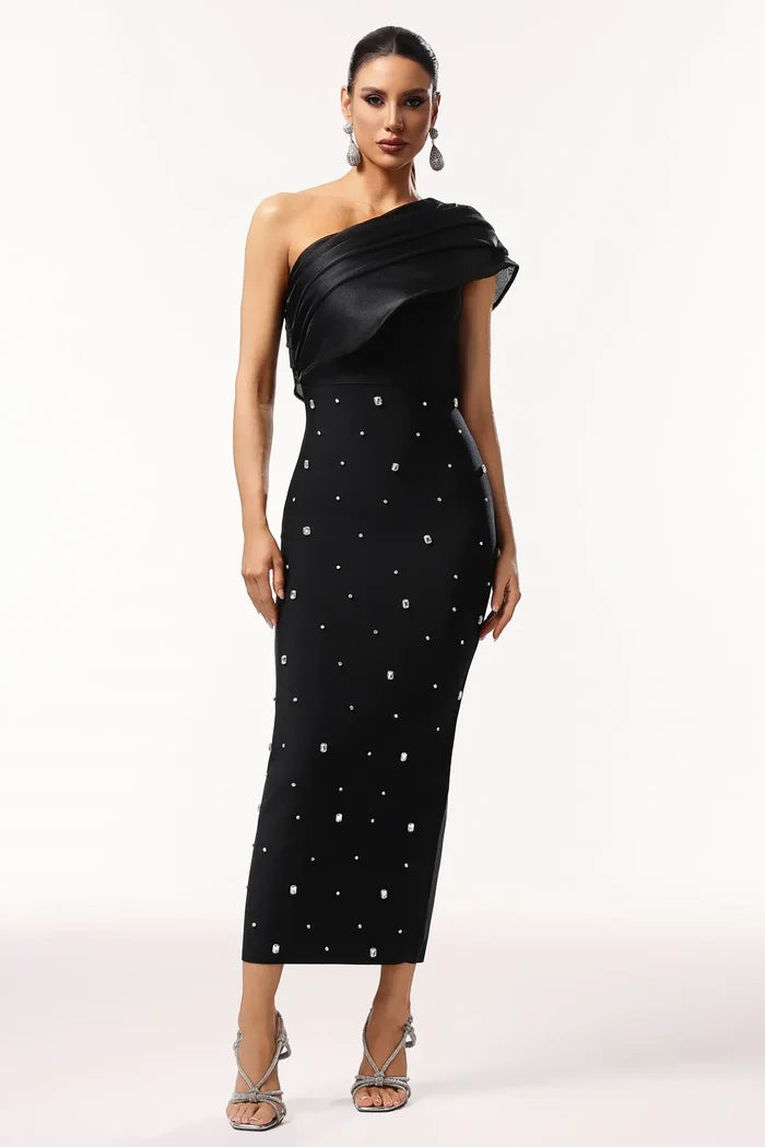 Kaelis Black One-Shoulder Midi Dress