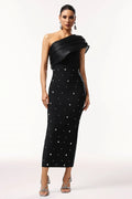 Kaelis Black One-Shoulder Midi Dress