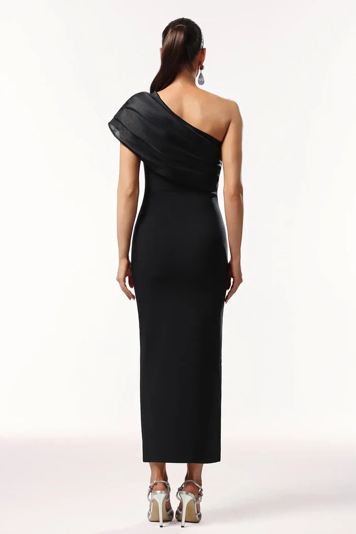 Kaelis Black One-Shoulder Midi Dress