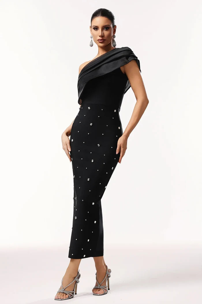 Kaelis Black One-Shoulder Midi Dress