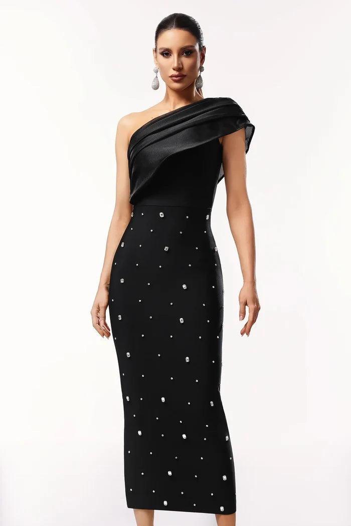 Kaelis Black One-Shoulder Midi Dress