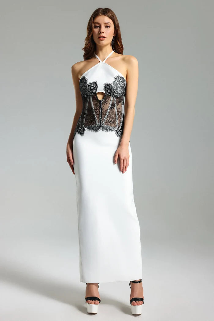 Kaelyn Sculpted Contrast Halter Maxi Dress
