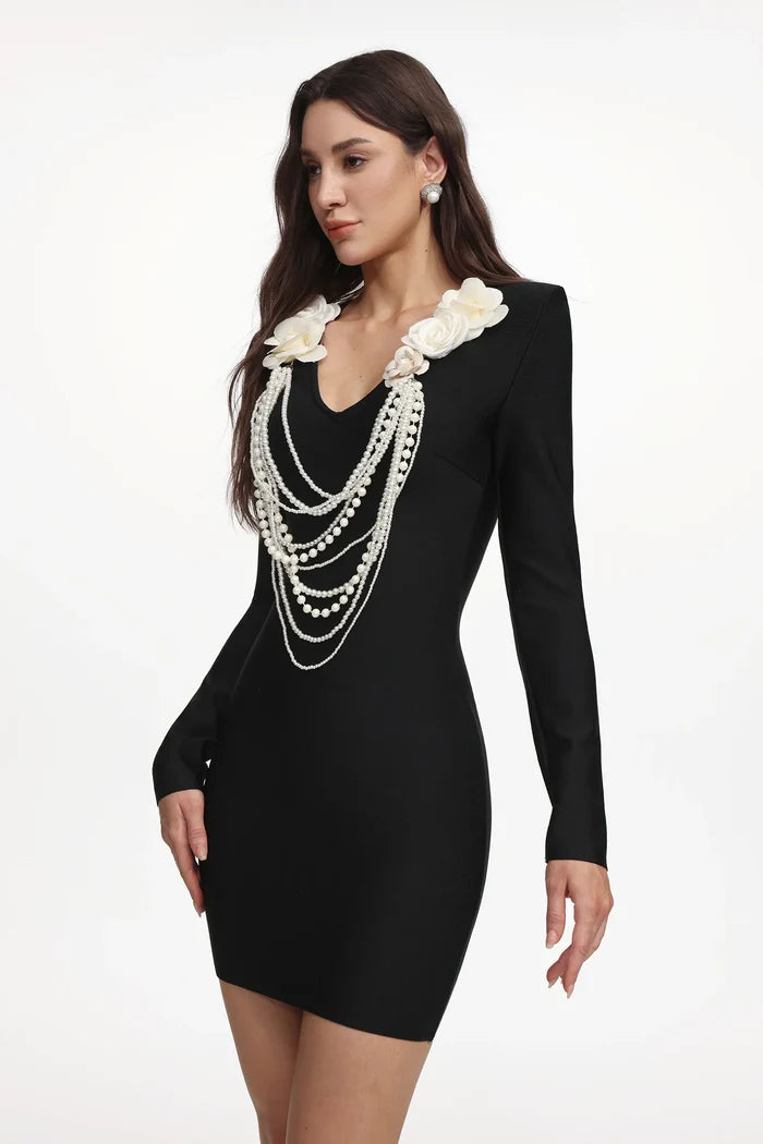 Kalani Black Pearl Embellished Mini Dress