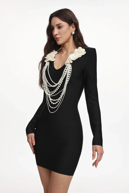 Kalani Black Pearl Embellished Mini Dress