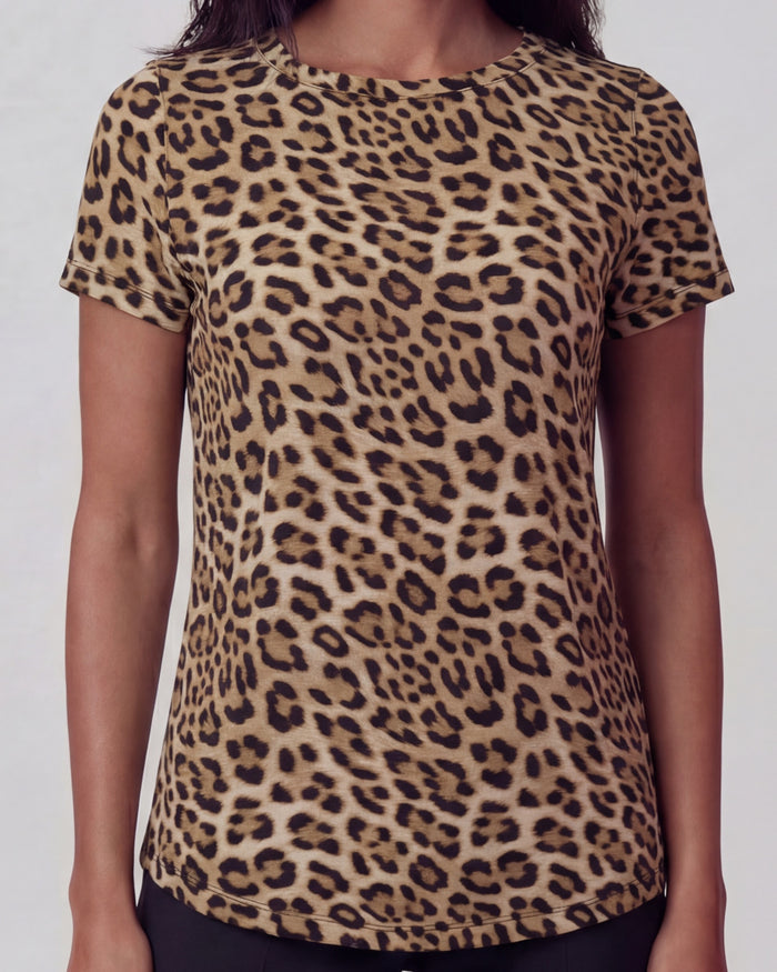 KATHERINE LEOPARD BROWN WOMENS CAP SLEEVE TOP