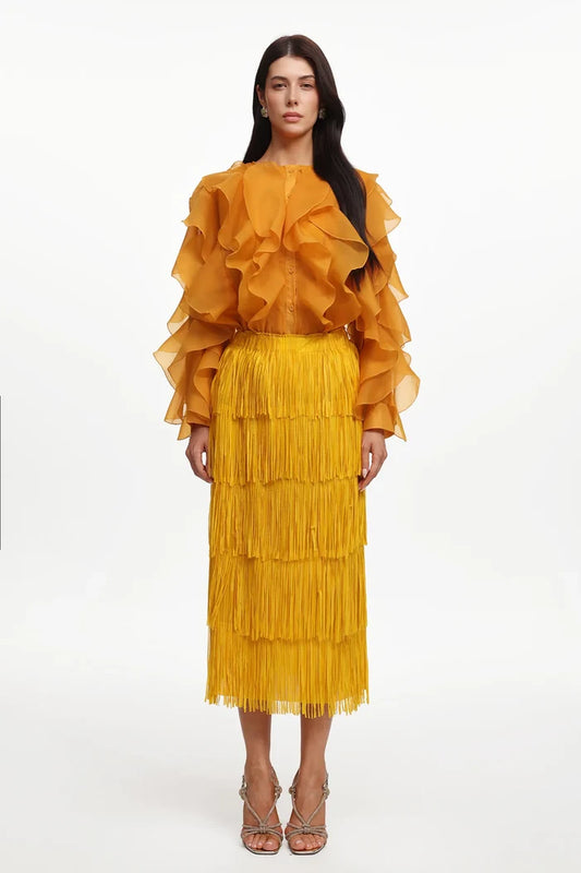 Kenzie Golden Ruffle Blouse & Fringe Maxi Skirt Set