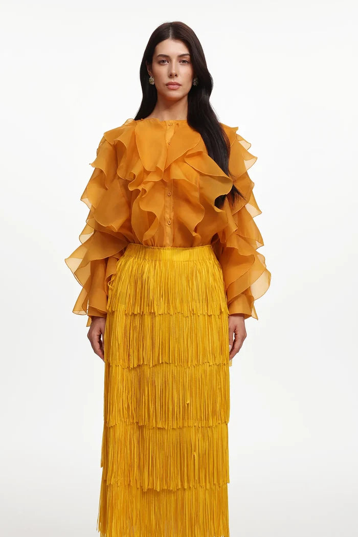 Kenzie Golden Ruffle Blouse & Fringe Maxi Skirt Set