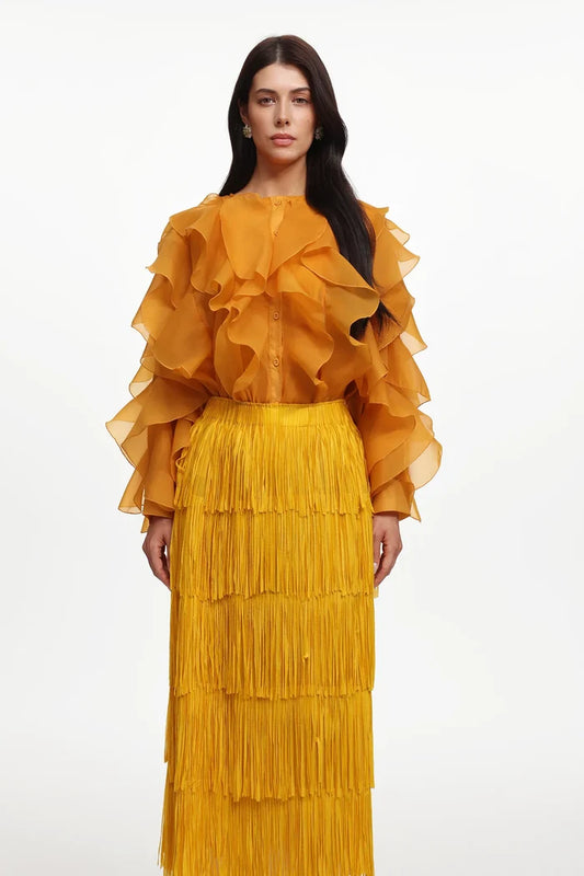 Kenzie Golden Ruffle Blouse & Fringe Maxi Skirt Set